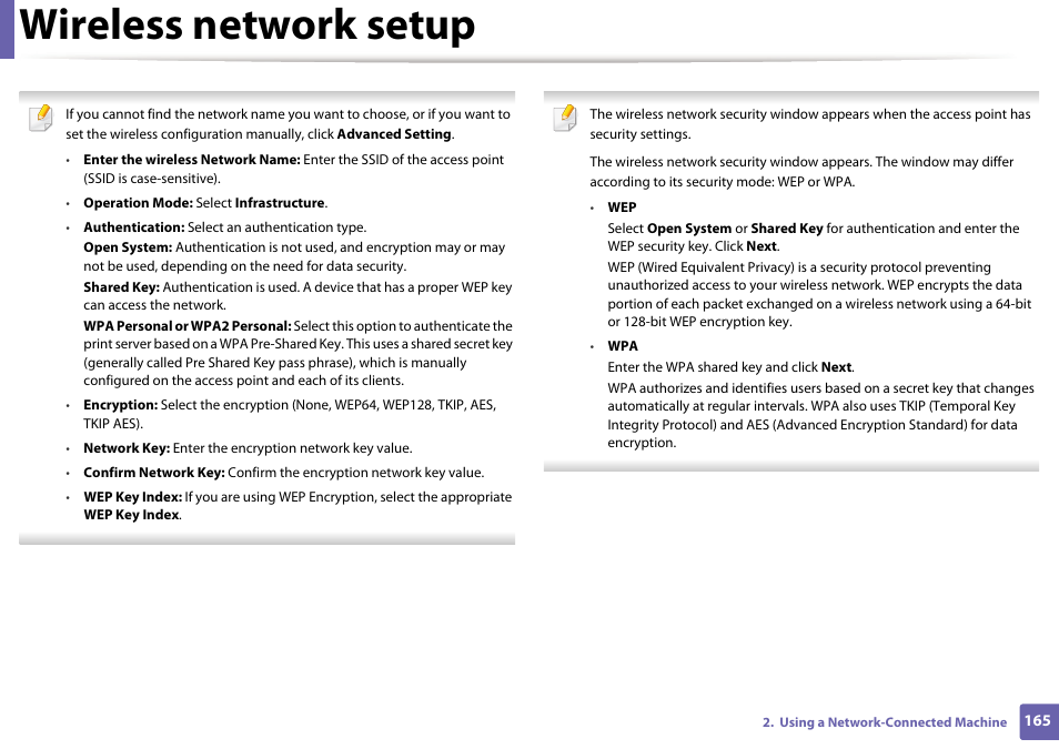 Wireless network setup | Samsung SCX-3405W-XAC User Manual | Page 165 / 331