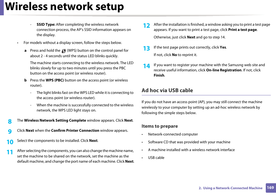 Wireless network setup, Ad hoc via usb cable | Samsung SCX-3405W-XAC User Manual | Page 169 / 331