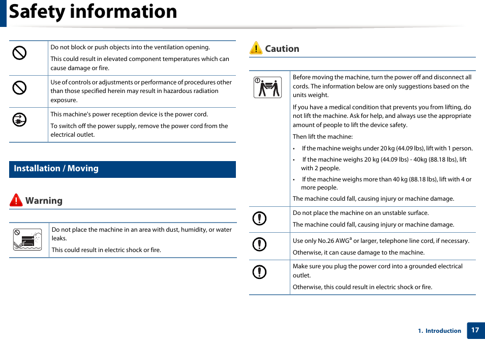 Safety information, Warning caution, Installation / moving | Samsung SCX-3405W-XAC User Manual | Page 17 / 331