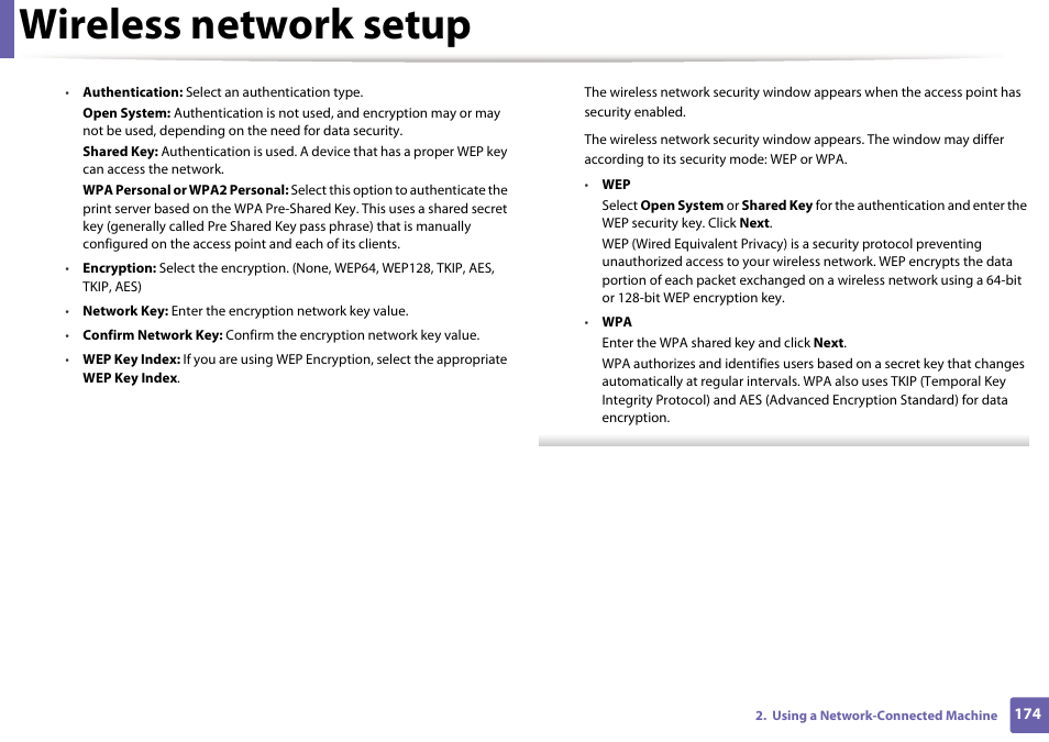 Wireless network setup | Samsung SCX-3405W-XAC User Manual | Page 174 / 331