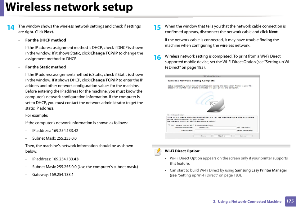 Wireless network setup | Samsung SCX-3405W-XAC User Manual | Page 175 / 331