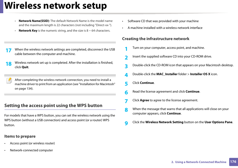 Wireless network setup, Setting the access point using the wps button | Samsung SCX-3405W-XAC User Manual | Page 176 / 331