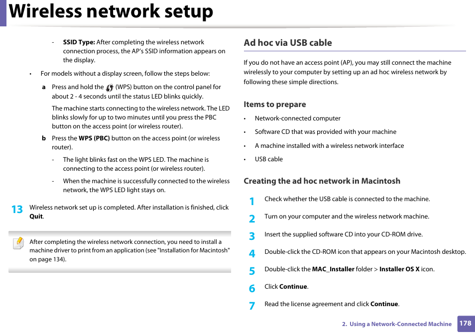 Wireless network setup, Ad hoc via usb cable | Samsung SCX-3405W-XAC User Manual | Page 178 / 331