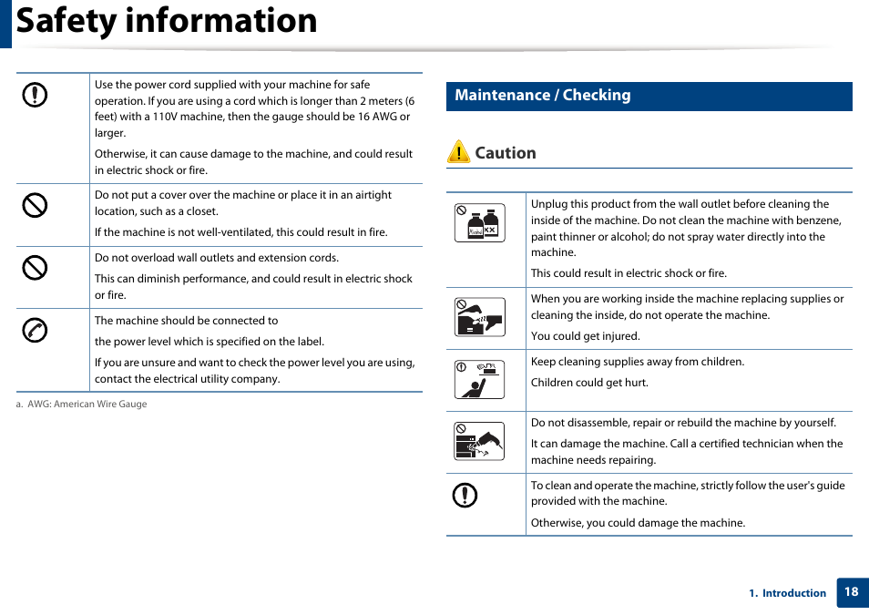 Safety information, Caution, Maintenance / checking | Samsung SCX-3405W-XAC User Manual | Page 18 / 331