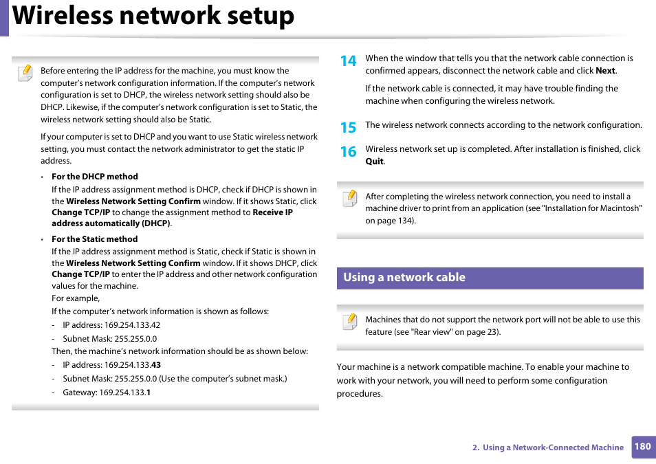 Wireless network setup, Using a network cable | Samsung SCX-3405W-XAC User Manual | Page 180 / 331