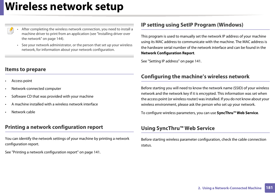Wireless network setup, Items to prepare, Printing a network configuration report | Ip setting using setip program (windows), Configuring the machine’s wireless network, Using syncthru™ web service | Samsung SCX-3405W-XAC User Manual | Page 181 / 331