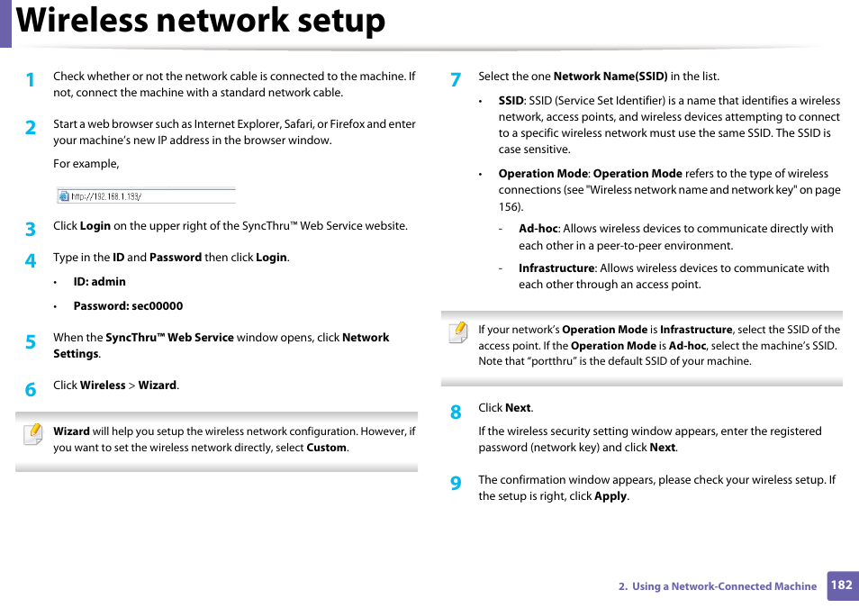 Wireless network setup | Samsung SCX-3405W-XAC User Manual | Page 182 / 331
