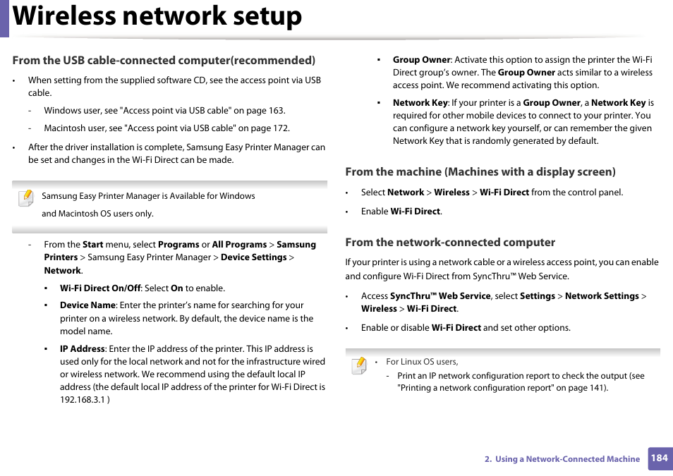 Wireless network setup | Samsung SCX-3405W-XAC User Manual | Page 184 / 331