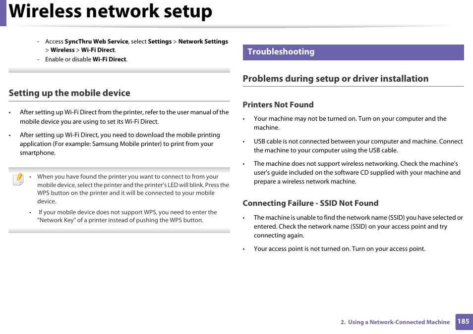 Wireless network setup, Setting up the mobile device, Problems during setup or driver installation | Troubleshooting | Samsung SCX-3405W-XAC User Manual | Page 185 / 331