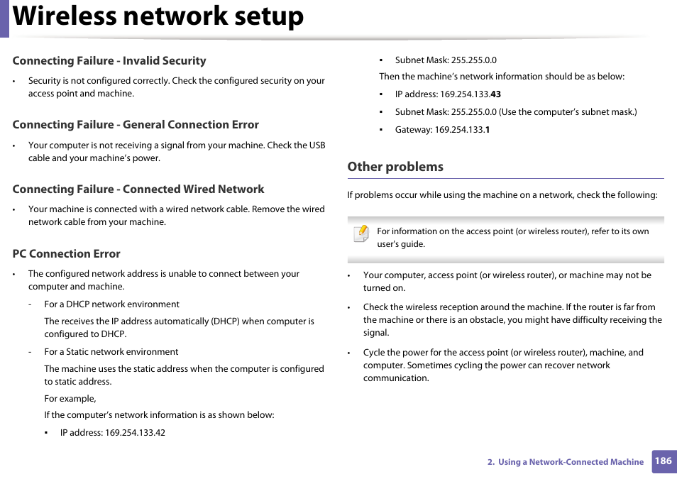 Wireless network setup, Other problems | Samsung SCX-3405W-XAC User Manual | Page 186 / 331