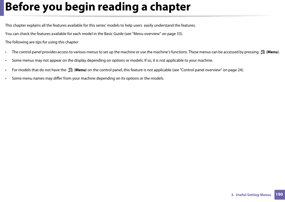 Before you begin reading a chapter | Samsung SCX-3405W-XAC User Manual | Page 190 / 331