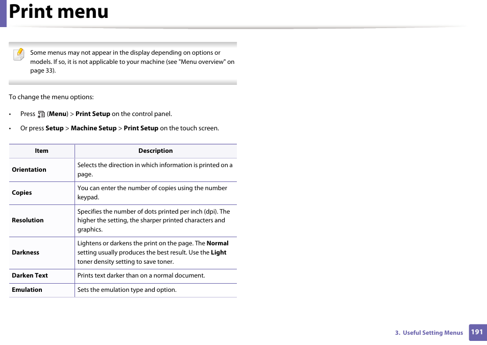 Print menu | Samsung SCX-3405W-XAC User Manual | Page 191 / 331