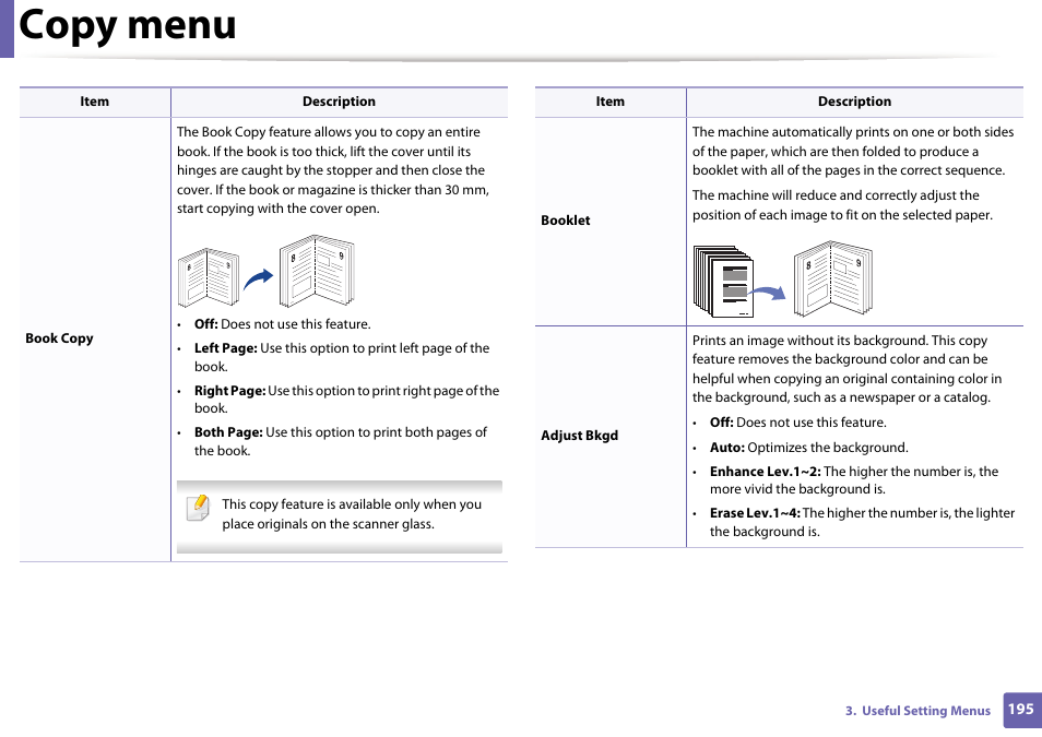 Copy menu | Samsung SCX-3405W-XAC User Manual | Page 195 / 331