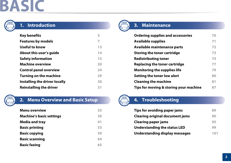 Basic, Introduction, Menu overview and basic setup | Maintenance, Troubleshooting | Samsung SCX-3405W-XAC User Manual | Page 2 / 331