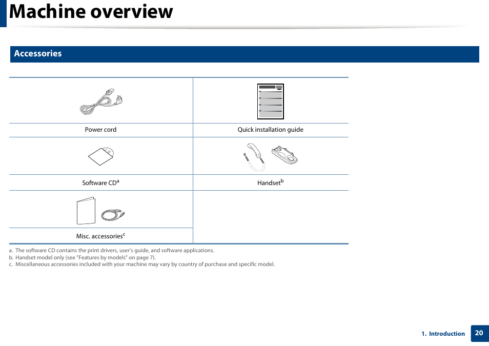 Machine overview, Accessories | Samsung SCX-3405W-XAC User Manual | Page 20 / 331