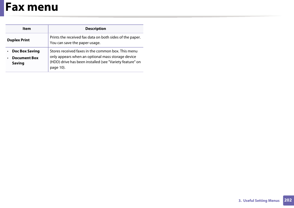 Fax menu | Samsung SCX-3405W-XAC User Manual | Page 202 / 331