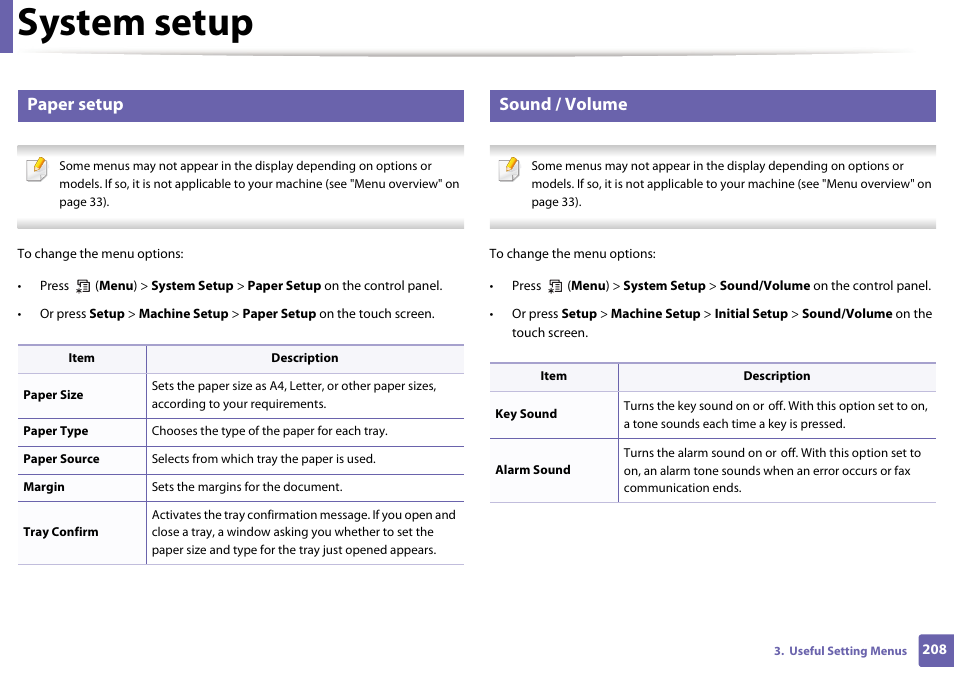 System setup, Paper setup, Sound / volume | Samsung SCX-3405W-XAC User Manual | Page 208 / 331