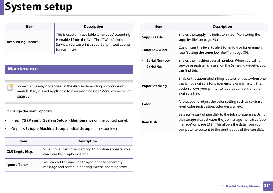 System setup, Maintenance | Samsung SCX-3405W-XAC User Manual | Page 211 / 331