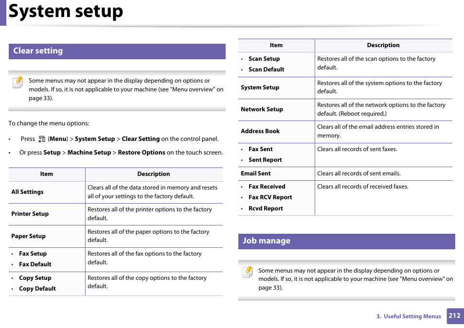 System setup, Clear setting, Job manage | Samsung SCX-3405W-XAC User Manual | Page 212 / 331