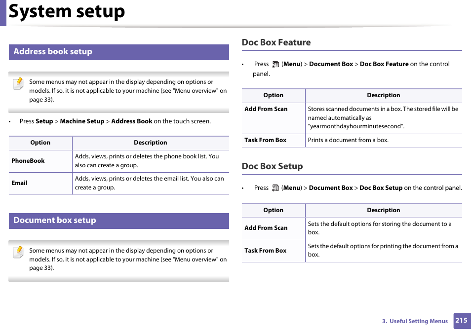 System setup, Doc box feature, Doc box setup | Address book setup, Document box setup | Samsung SCX-3405W-XAC User Manual | Page 215 / 331