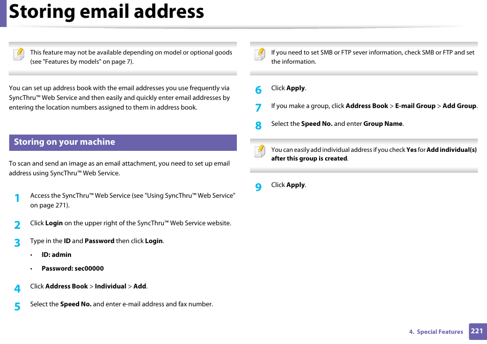 Storing email address, Storing on your machine | Samsung SCX-3405W-XAC User Manual | Page 221 / 331