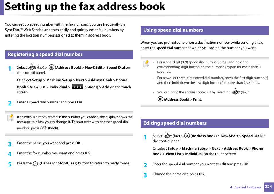 Setting up the fax address book, Registering a speed dial number, Using speed dial numbers | Editing speed dial numbers | Samsung SCX-3405W-XAC User Manual | Page 224 / 331