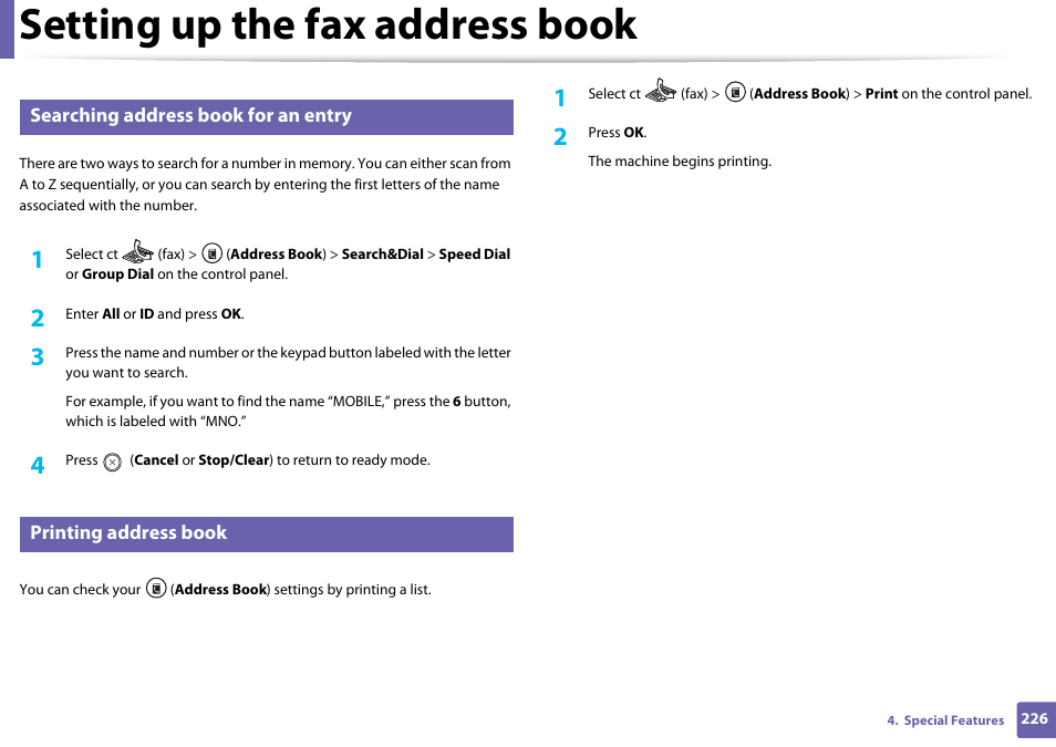 Setting up the fax address book | Samsung SCX-3405W-XAC User Manual | Page 226 / 331