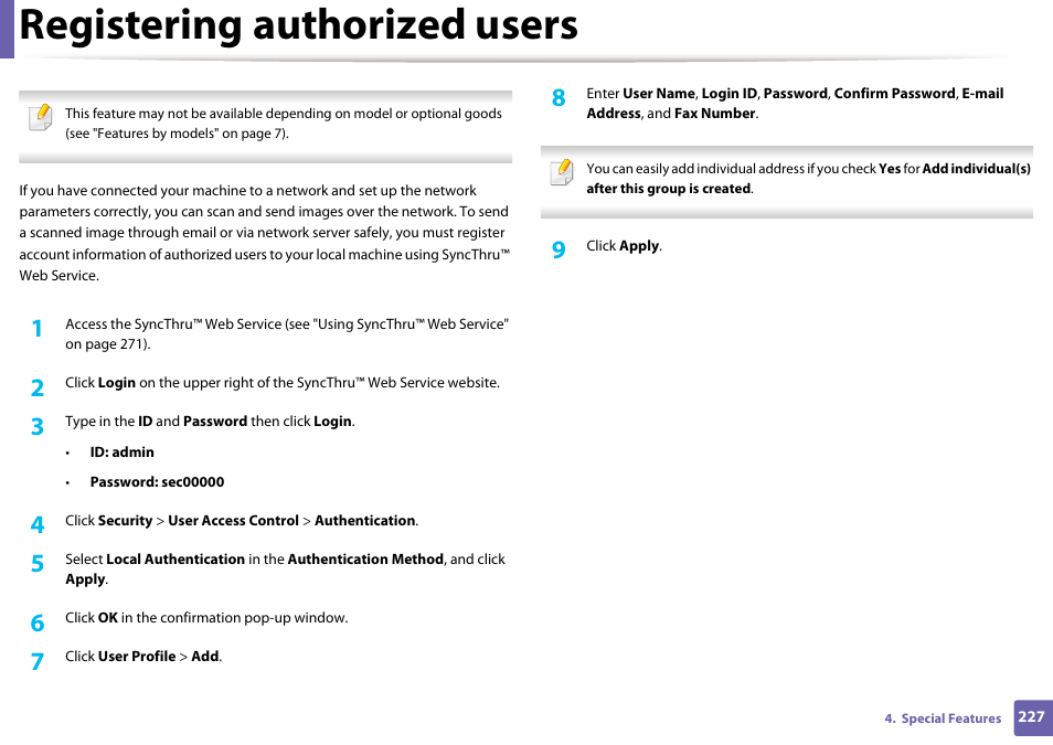 Registering authorized users | Samsung SCX-3405W-XAC User Manual | Page 227 / 331
