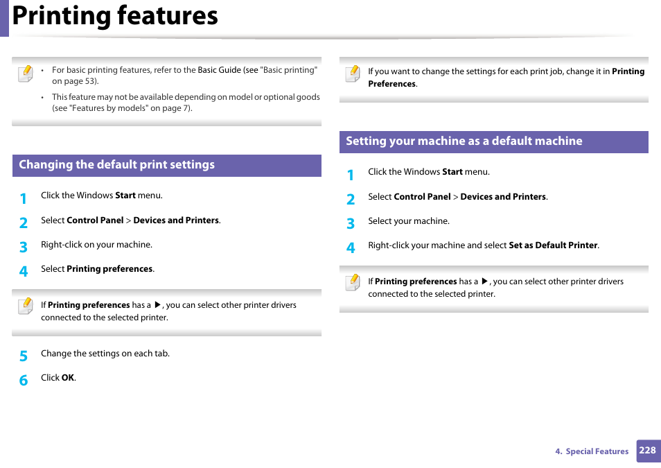 Printing features, Changing the default print settings, Setting your machine as a default machine | Samsung SCX-3405W-XAC User Manual | Page 228 / 331