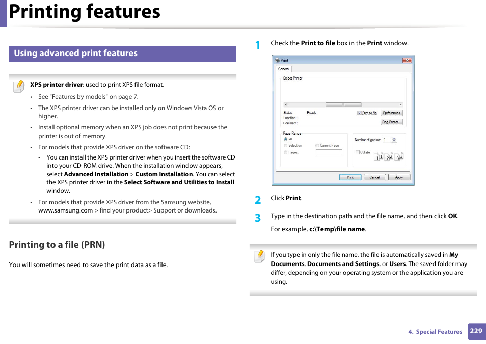 Printing features, Printing to a file (prn), Using advanced print features | Samsung SCX-3405W-XAC User Manual | Page 229 / 331