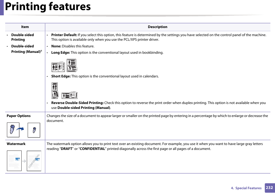 Printing features | Samsung SCX-3405W-XAC User Manual | Page 232 / 331