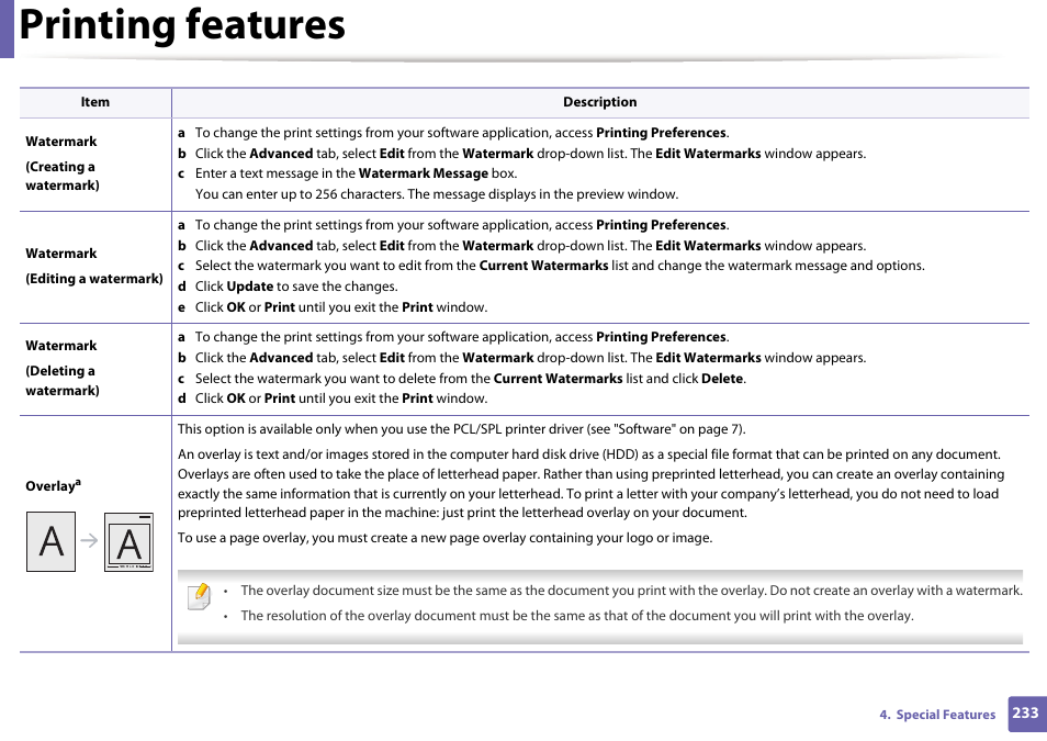 Printing features | Samsung SCX-3405W-XAC User Manual | Page 233 / 331