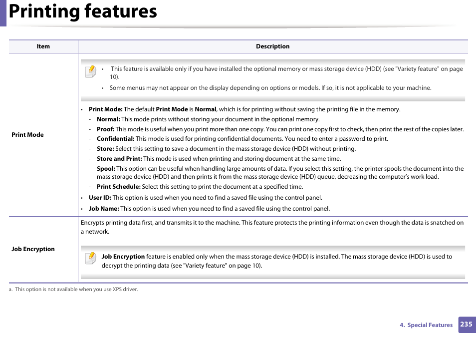 Printing features | Samsung SCX-3405W-XAC User Manual | Page 235 / 331
