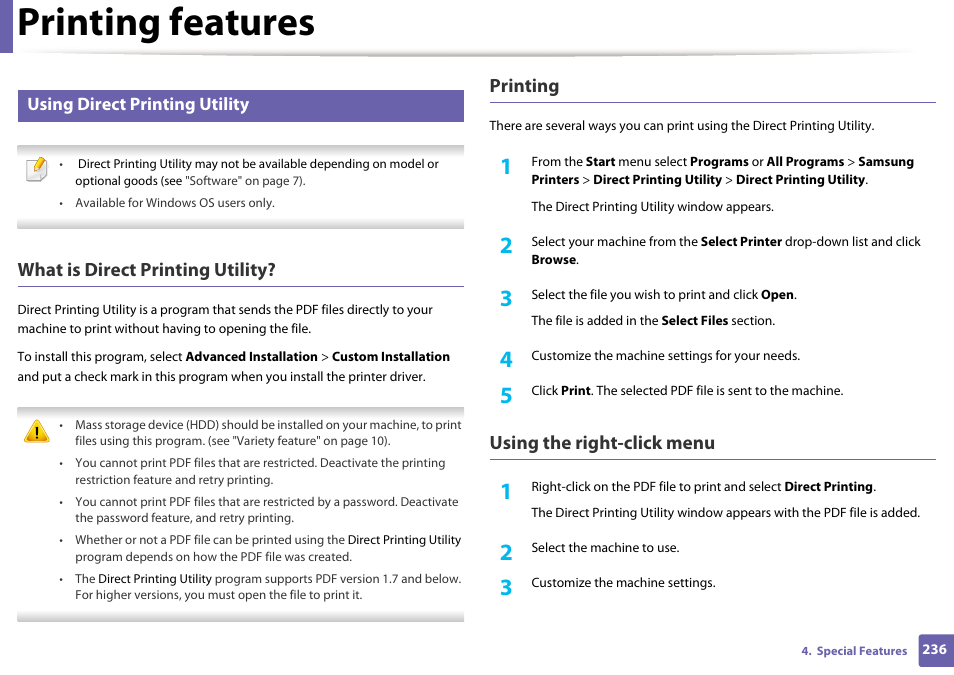 Printing features, What is direct printing utility, Printing | Using the right-click menu, Using direct printing utility | Samsung SCX-3405W-XAC User Manual | Page 236 / 331