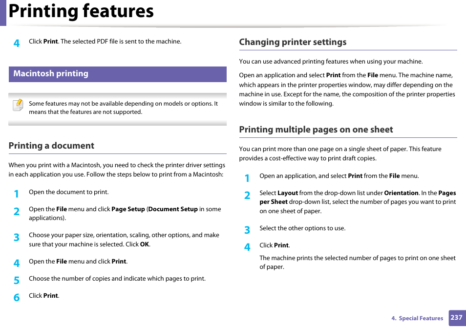 Printing features | Samsung SCX-3405W-XAC User Manual | Page 237 / 331
