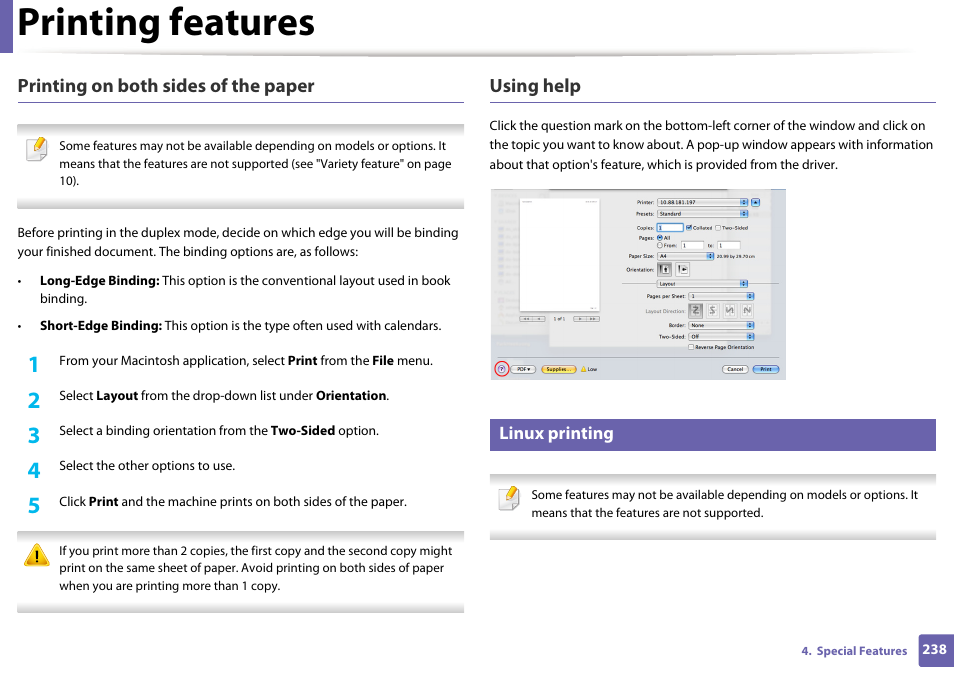 Printing features, Printing on both sides of the paper, Using help | Linux printing | Samsung SCX-3405W-XAC User Manual | Page 238 / 331