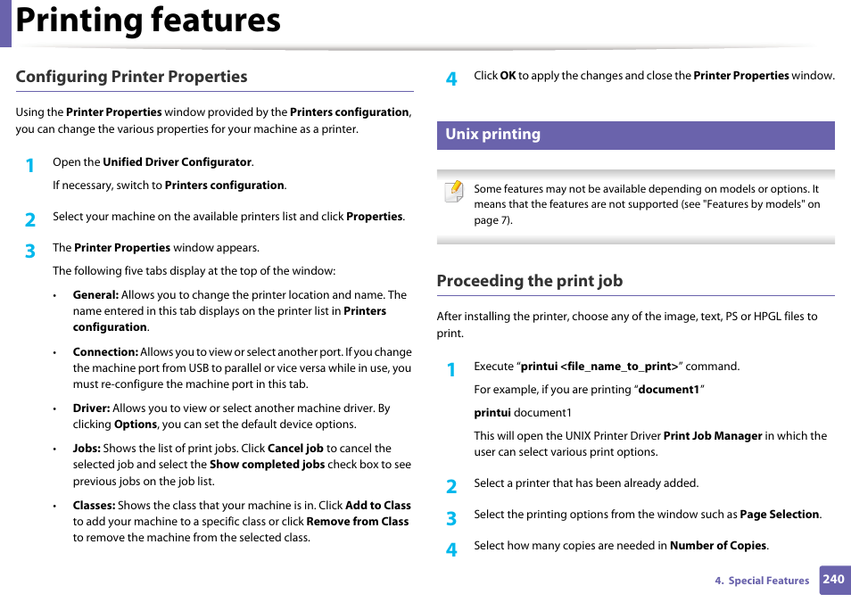Printing features, Configuring printer properties, Proceeding the print job | Samsung SCX-3405W-XAC User Manual | Page 240 / 331