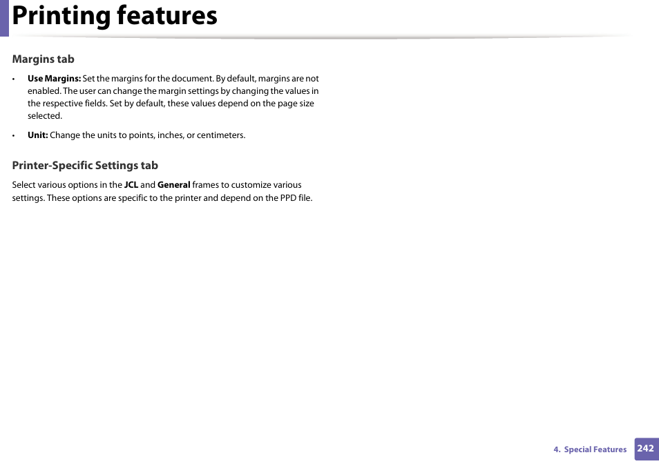 Printing features | Samsung SCX-3405W-XAC User Manual | Page 242 / 331