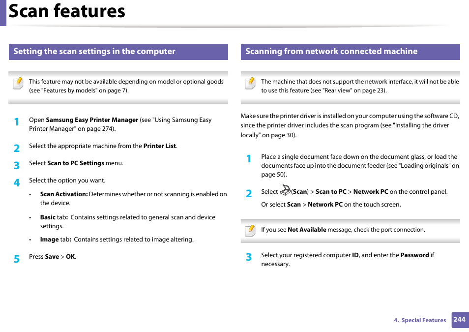 Scan features, Setting the scan settings in the computer, Scanning from network connected machine | Samsung SCX-3405W-XAC User Manual | Page 244 / 331