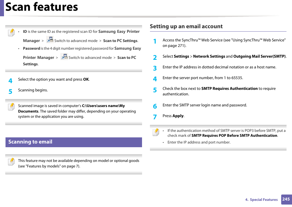 Scan features, Setting up an email account, Scanning to email | Samsung SCX-3405W-XAC User Manual | Page 245 / 331