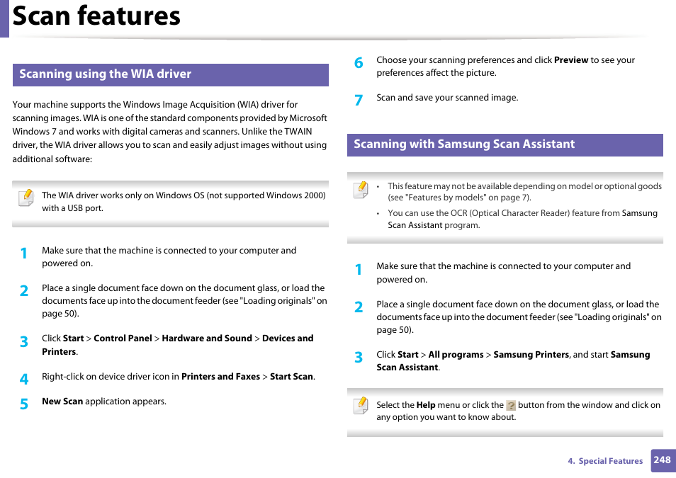 Scan features, Scanning using the wia driver, Scanning with samsung scan assistant | Samsung SCX-3405W-XAC User Manual | Page 248 / 331