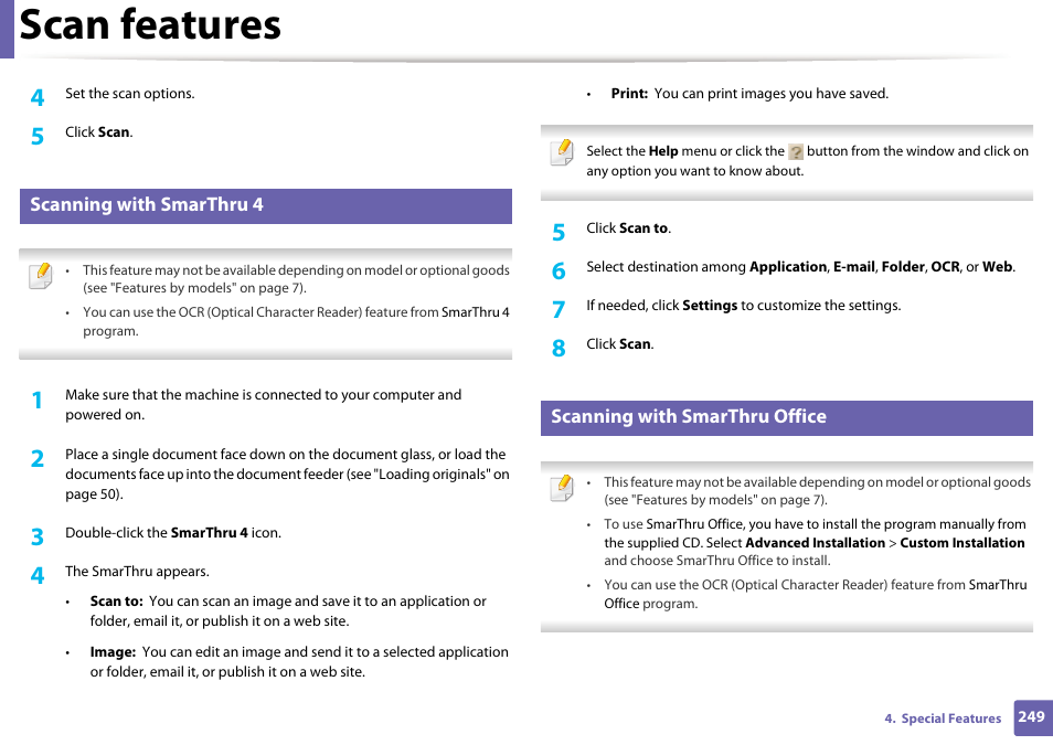 Scan features, Scanning with smarthru 4, Scanning with smarthru office | Samsung SCX-3405W-XAC User Manual | Page 249 / 331