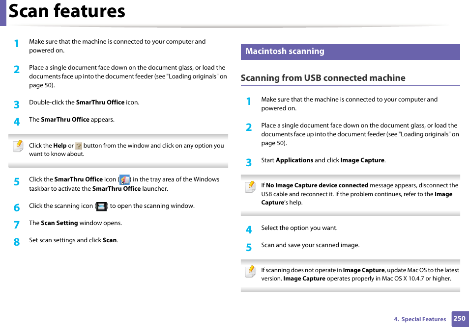 Scan features, Scanning from usb connected machine | Samsung SCX-3405W-XAC User Manual | Page 250 / 331