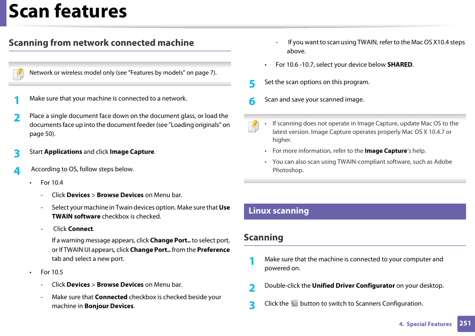 Scan features, Scanning from network connected machine, Scanning | Linux scanning | Samsung SCX-3405W-XAC User Manual | Page 251 / 331