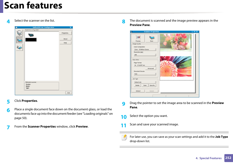 Scan features | Samsung SCX-3405W-XAC User Manual | Page 252 / 331