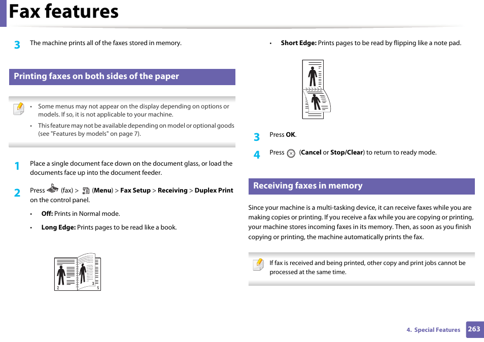 Fax features, Printing faxes on both sides of the paper | Samsung SCX-3405W-XAC User Manual | Page 263 / 331