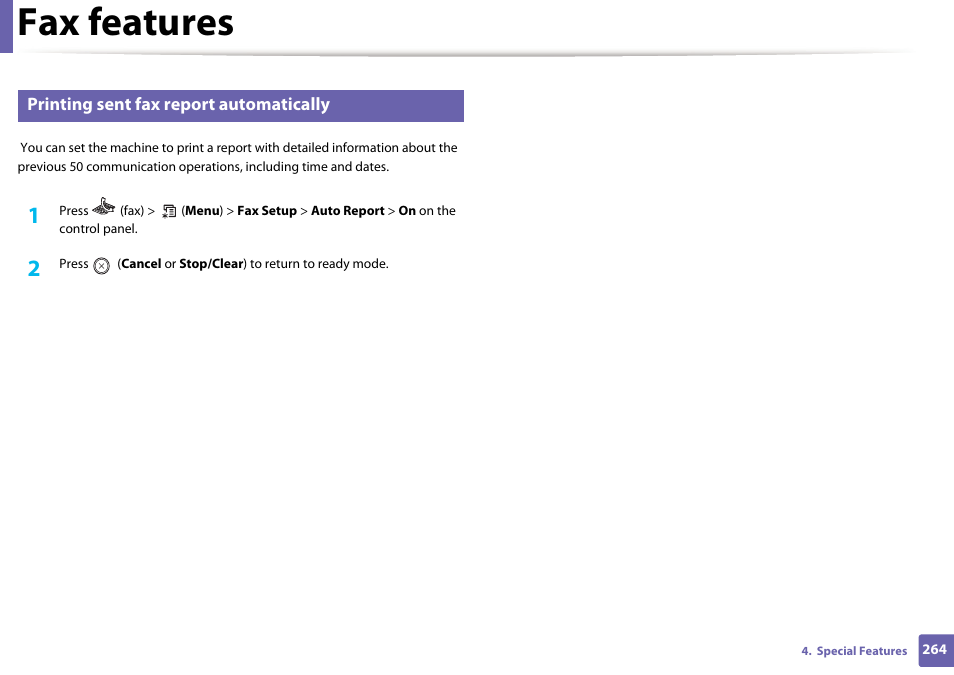 Fax features | Samsung SCX-3405W-XAC User Manual | Page 264 / 331