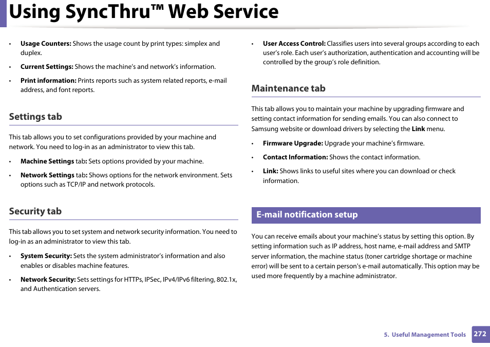 Using syncthru™ web service, Settings tab, Security tab | Maintenance tab, E-mail notification setup | Samsung SCX-3405W-XAC User Manual | Page 272 / 331