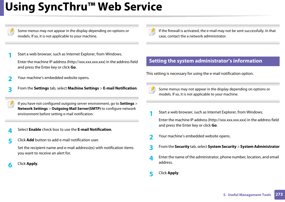 Using syncthru™ web service, Setting the system administrator’s information | Samsung SCX-3405W-XAC User Manual | Page 273 / 331