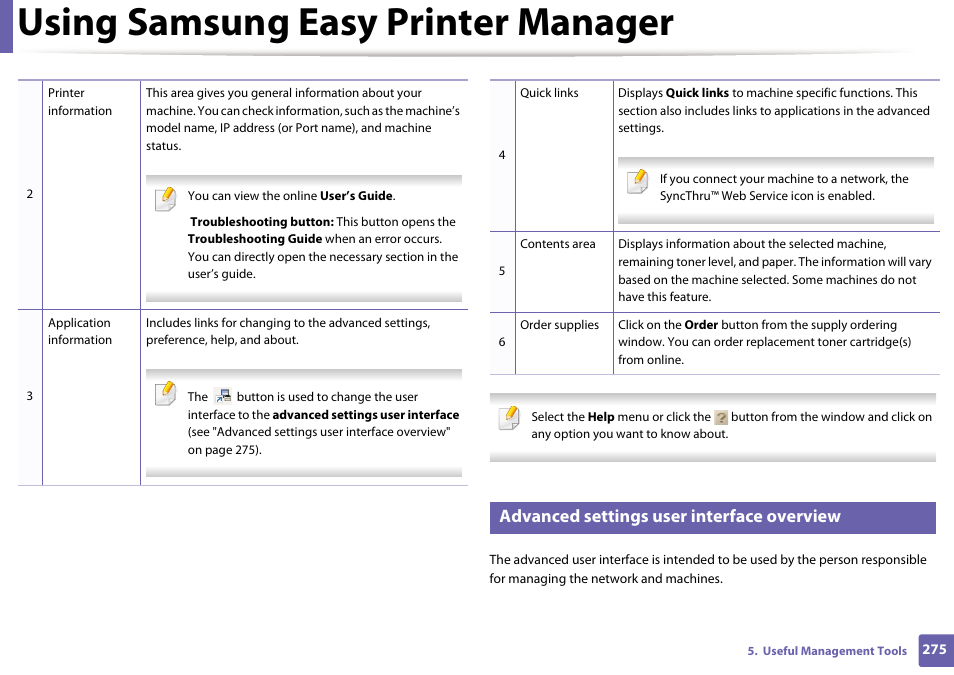 Using samsung easy printer manager, Advanced settings user interface overview | Samsung SCX-3405W-XAC User Manual | Page 275 / 331